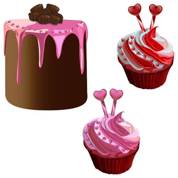 День Святого Валентина. Кексы, кексы, торт с красным, розовым, белым кремом. Вкусная выпечка. Векторная иллюстрация на белом фоне для баннеров, плакатов, листовок, поздравительных открыток, социальных сетей — стоковый вектор