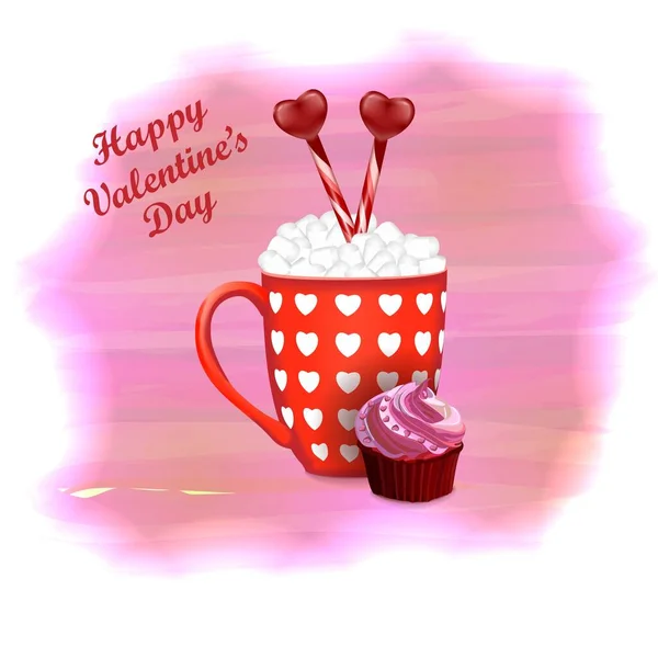 Dia dos Namorados. Copo com marshmallows, doces cremosos na forma do coração. Ilustração vetorial sobre fundo aquarela para banners, cartazes, folhetos, cartões de saudação, mídia social —  Vetores de Stock