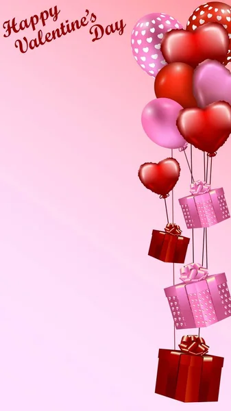 San Valentino. Palloncini, palloncini a forma di cuore, regali. Modello verticale per banner, volantini, biglietti di auguri, social media. Illustrazione vettoriale isolata su sfondo rosa-bianco — Vettoriale Stock