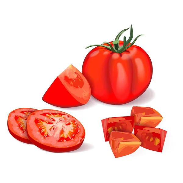 Composition of a whole, quarter, sliced tomatoes. Red Globe tomato for banners, flyers, social media. Fresh organic, diet and vegetarian vegetables. Vector illustration isolated on white background — Stock Vector
