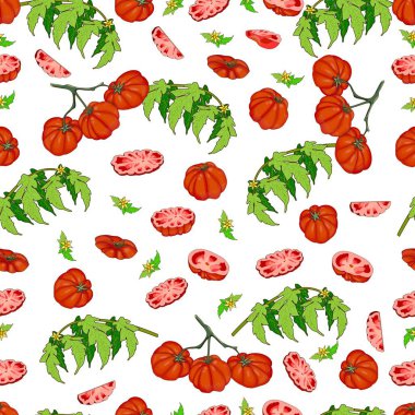 Eksiksiz desenli, yarım kama ve dilimlenmiş et domatesli. Biftekli domates. Taze sebzeler. Beyaz arkaplanda vektör çizimi izole edildi. Kusursuz bir geçmişi var. Çizgi film biçimi.