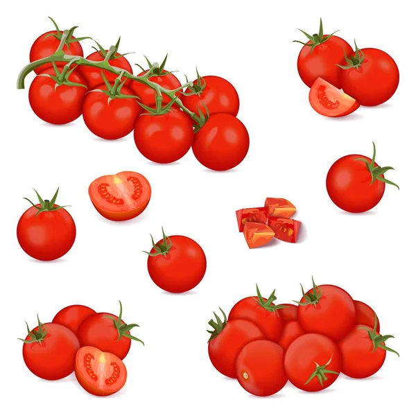 Set Cherry Tomatoes Banners Flyers Posters Social Media Whole Half — Stockový vektor