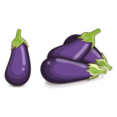 Pankartlar, el ilanları, posterler, sosyal medya için patlıcan. Patlıcan, brinjal, itüzümü ailesi. Taze organik sebzeler. Çizgi film tarzı. Vektör illüstrasyonu beyaz arkaplanda izole edildi.