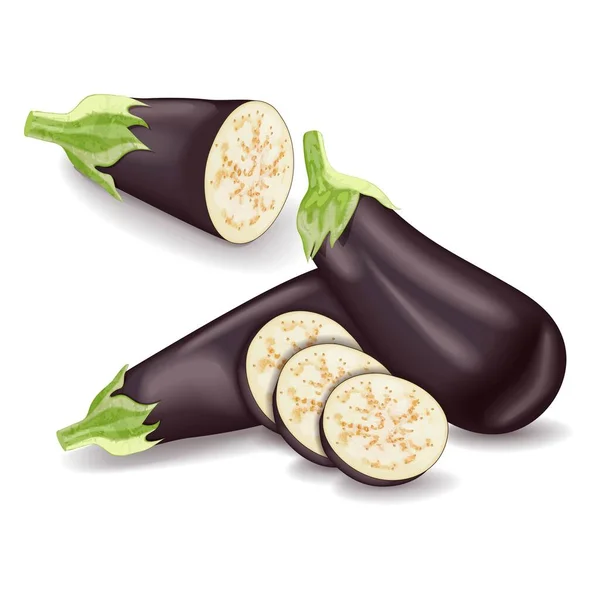 Whole Half Slices Eggplants Banners Flyers Posters Social Media Aubergine — Stok Vektör