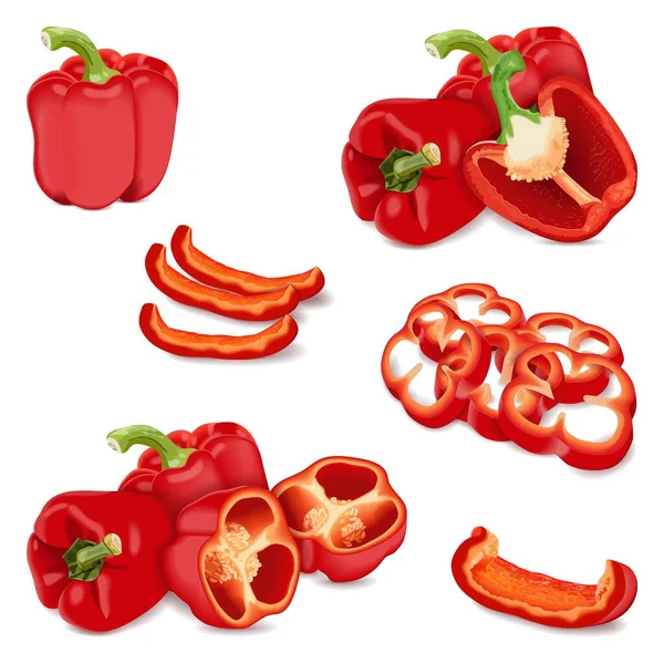 Set Bell Peppers Banners Social Media Whole Half Sliced Wedges — Vettoriale Stock