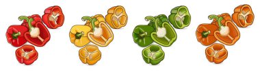 Kırmızı, yeşil, sarı ve turuncu dolma biber. Tam, çeyrek ve yarım dolma dolma biber. Tatlı dolmalık biber, kırmızı biber. Sebzeler. Çizgi film tarzı. Vektör illüstrasyonu beyaz arkaplanda izole edildi.