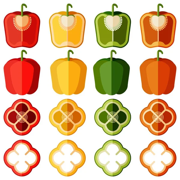 Set Red Green Yellow Orange Bell Peppers Whole Half Sliced — Vector de stock