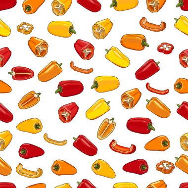 Seamless pattern with whole, half, wedges, and slices of mini sweet peppers. Red, yellow, and orange capsicum. Vegetables. Vector illustration isolated on white background. Cartoon style.