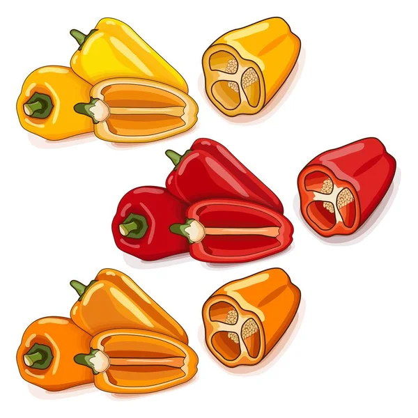 Three Each Red Yellow Orange Mini Sweet Peppers Whole Quarter — Stock Vector