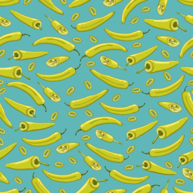 Seamless pattern with whole, half, wedges, and slices of Banana Pepper. Yellow wax pepper. Banana chili pepper. Capsicum annuum. Vegetables. Vector illustration isolated on blue background.