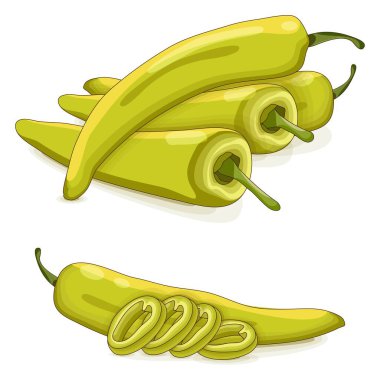 Whole, and slices of Banana Pepper for banners, social media. Yellow wax pepper. Banana chili pepper. Capsicum annuum. Cartoon style. Vegetables. Vector illustration isolated on white background.
