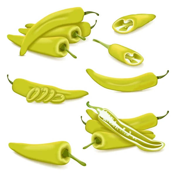 Set Banana Pepper Whole Half Sliced Wedges Peppers Yellow Wax — Vettoriale Stock