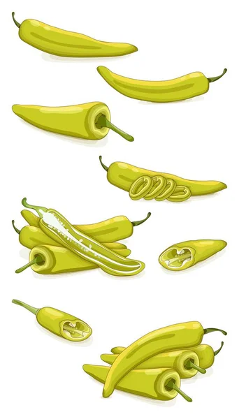 Set Banana Pepper Whole Half Sliced Wedges Peppers Yellow Wax — Vetor de Stock