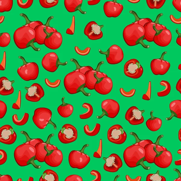 Seamless Pattern Whole Half Wedges Slices Cherry Pepper Pimento Pimiento — Archivo Imágenes Vectoriales