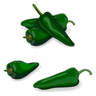 Group of poblano peppers for banners, flyers, posters, social media. Chili peppers. Ancho. Chile ancho. Capsicum annuum. Vegetables. Cartoon style. Vector illustration isolated on white background.
