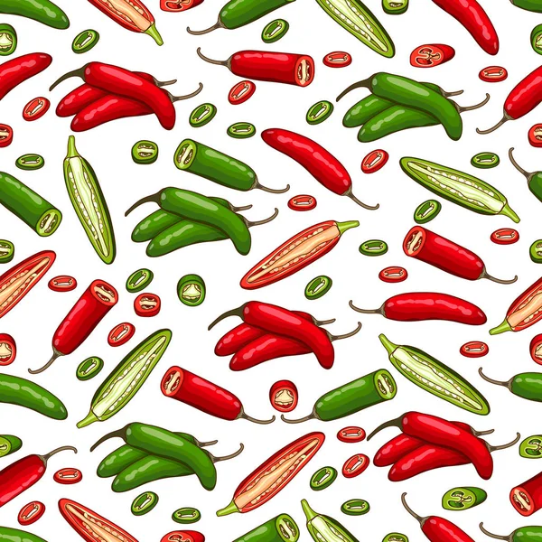 Seamless Pattern Whole Half Wedges Slices Serrano Chile Peppers Chile — Vector de stock