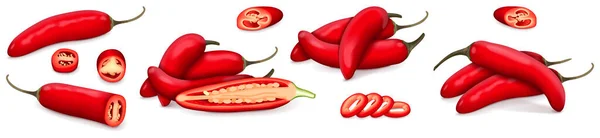 Set Red Serrano Chile Peppers Whole Half Sliced Wedges Peppers — 图库矢量图片