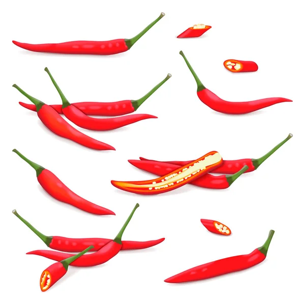 Conjunto Chiles Rojos Tailandeses Entero Medio Cuarto Cuñas Pimientos Tailandeses — Vector de stock