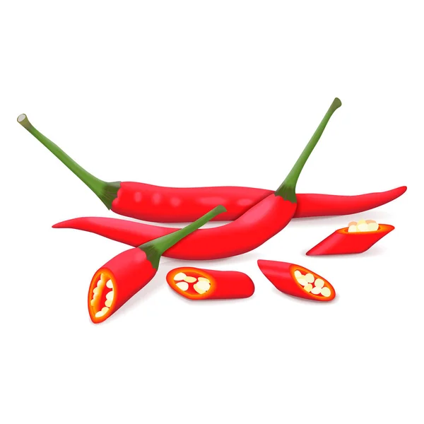 Ganze Viertel Und Keile Von Red Thai Chili Red Chilli — Stockvektor