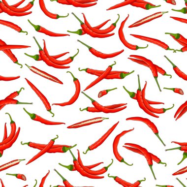 Seamless pattern with whole, half, wedges, and slices of Cayenne peppers. Ginnie peppers. Chili peppers. Vegetables. Vector illustration isolated on white background. Cartoon style. clipart