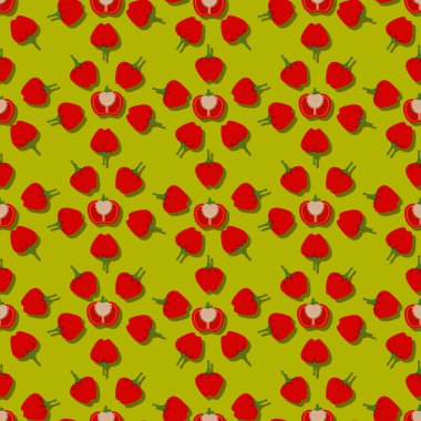 Eksiksiz desen, yarısı, dilimler ve dilimler halinde kiraz biberleri. Pimento veya Pimiento. Capsicum annuum. Sebzeler. Sarı arkaplanda izole edilmiş vektör çizimi. Düz biçim.