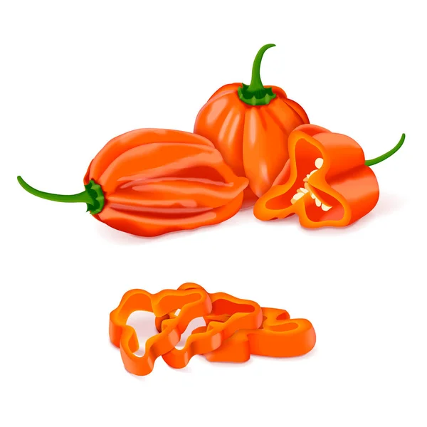 Hele Kwartjes Schijfjes Schijfjes Sinaasappel Habanero Chili Pepers Capsicum Chinense — Stockvector