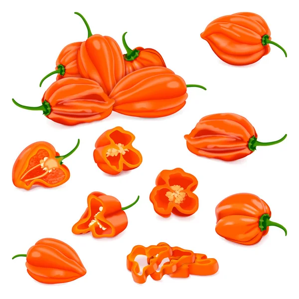 Set Whole Half Quarter Slices Wedges Orange Habanero Chili Peppers — Stock Vector