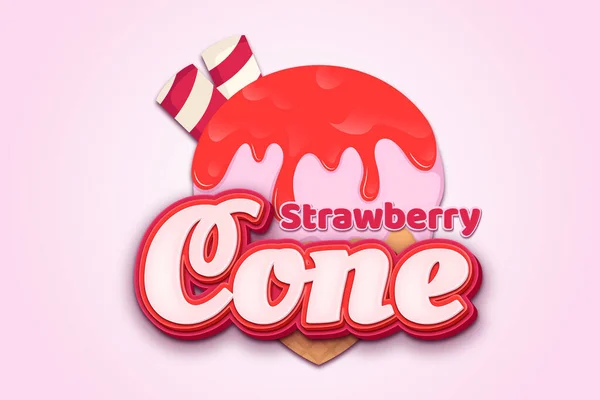 Strawberry Ice Cream Cone Logo Editable Text Effect — Stock Vector