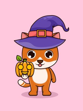 Cute cat wearing halloween costume and carrying pumpkin