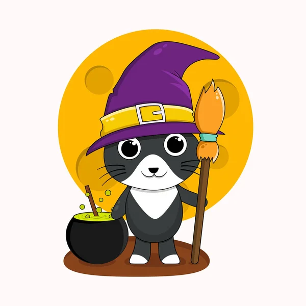 Cute Cat Wearing Witch Costume Halloween — Vetor de Stock