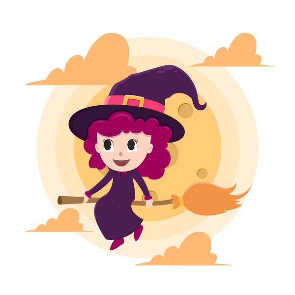 Cute Witch Riding Broom Halloween Time Cute Witch Halloween Riding — Stok Vektör