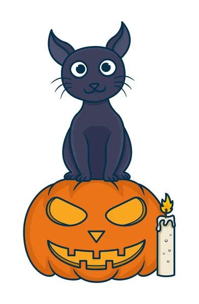 Halloween Cat Pumpkin Illustration Black Cat Sitting Pumpkin Halloween — Vetor de Stock