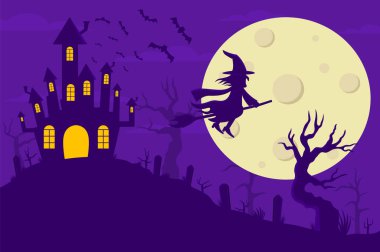 Illustration of a witch flying on a Halloween night. Halloween night is purple.