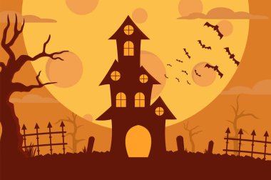 Halloween House Background. Halloween night house backdrop when full moon. There are bats flying and also a grave around his house.