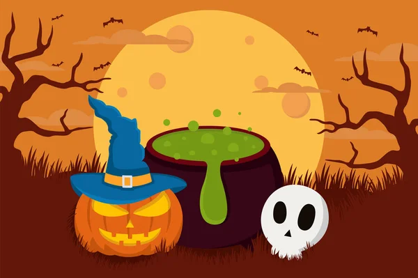 Pumpkins Background Wearing Witchs Hat Making Spell Skull Scary Halloween — Vector de stock