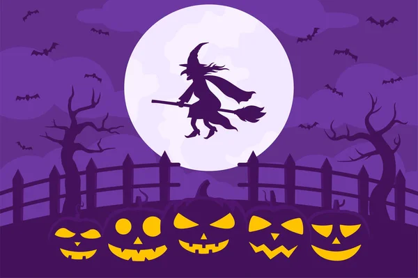 Halloween Flying Witch Background Illustration Witch Flying Halloween Night Scary — Vector de stock