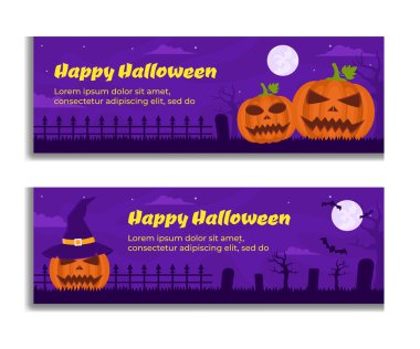 Horizontal Halloween Banners. 2 choices of options, illustrated by a pumpkin and a witchs pumpkin. Shades of purple Halloween.