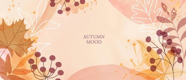 Herbst Aquarell Hintergrund Blätter Beeren Goldene Spritzer Aquarell Pinselstriche Komposition — Stockvektor