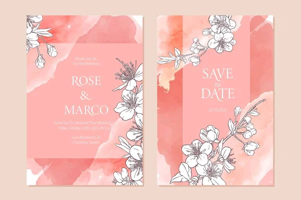 Set Hochzeitskarten Mit Rosa Aquarell Hintergrund Handgezeichnete Kirschblüten Sakura Zweige — Stockvektor