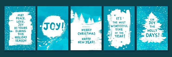 Set di biglietti di auguri per Natale e Capodanno. Inverno foresta di neve, albero, paesaggio. Posto per testo. — Vettoriale Stock