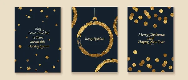 Блискуча, святкова різдвяна, новорічна колекція вітальних листівок. Золота фольга, блискуча текстура. Точковий фон, зірки . — стоковий вектор