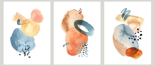 Modern abstract watercolor art. Compositions with hand painted colorful forms, stains, washes. Poster, cover, card, wall art design.