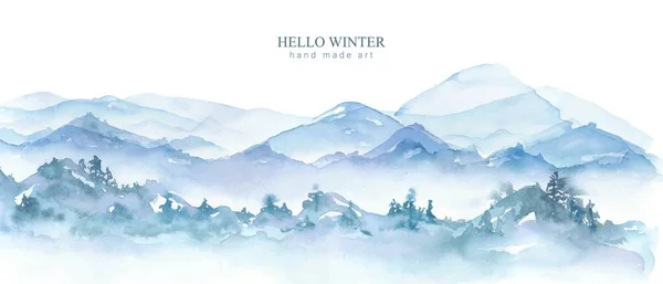 Panorama Verticale Acquerello Nei Colori Blu Pallido Grigio Foresta Invernale — Vettoriale Stock