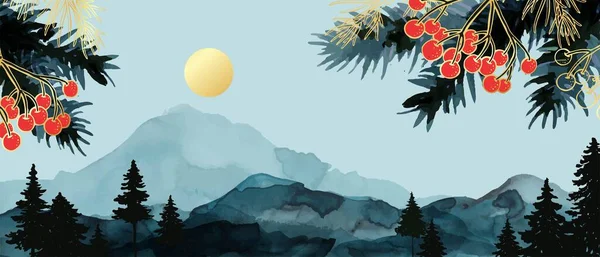 Zimní Akvarel Krajina Kopci Horami Lesem Pozadí Ručně Kreslený Strom — Stockový vektor