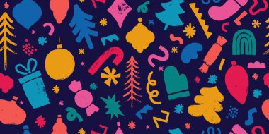 Kusursuz tatil modeli. Noel ve Yeni Yıl sonu gelmeyen duvar kâğıtları, ambalaj kağıdı tasarımı. Renkli Noel ağaçları, kar taneleri, şekerler.
