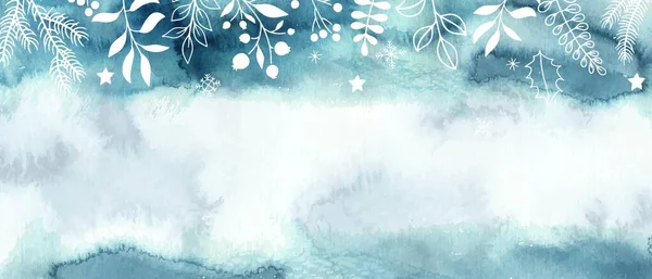 Winterblauer Aquarell-Hintergrund. Handgezeichneter Baum, Kiefernzweige, Blätter, Beeren, botanische Elemente. — Stockvektor
