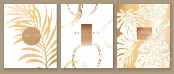 黄金のヤシ、モンステラの葉で設定された熱帯カバーデザイン。結婚式のカードのための金のエキゾチックなパターン,ポスタープリント. — ストックベクタ