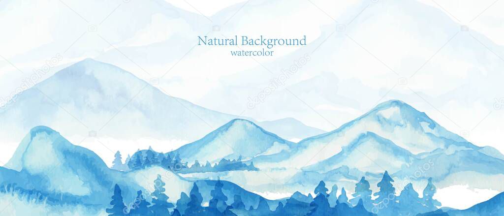 Mountains, hills watercolor landscape. Vertical nature