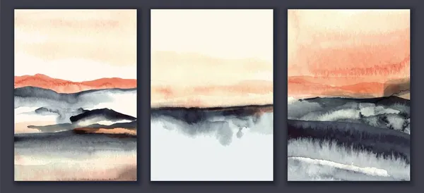 Conjunto de cartazes com paisagens aquarelas abstratas em cores coral e cinza. Céu e vale, mar, água, campos. — Vetor de Stock
