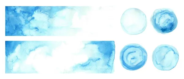 Набор синих акварельных кругов, фонов, рамок. Стильные круглые мойки, текстуры. Фон, место для текста. — стоковый вектор